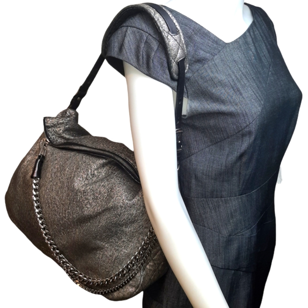 JIMMY CHOO Blake Gunmetal/Silver Leather Biker Bag w/ Chain & Quilted Detail